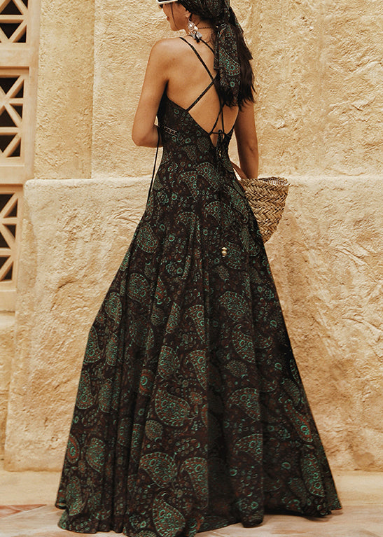Fashion Green Backless Print Lace Up Chiffon Spaghetti Strap Dress Sleeveless