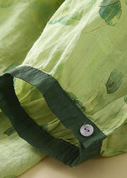 Fashion Green Peter Pan Collar Print Button Linen Shirts Long Sleeve