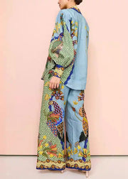 Fashion Green Peter Pan Collar Print Shirts And Wide Leg Pants Two Pieces Set Fall