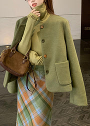 Fashion Green Pockets Woolen Coats ,Top And Long Dress Three Piece Set Long Sleeve