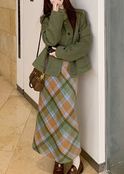 Fashion Green Pockets Woolen Coats ,Top And Long Dress Three Piece Set Long Sleeve