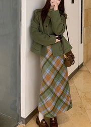 Fashion Green Pockets Woolen Coats ,Top And Long Dress Three Piece Set Long Sleeve