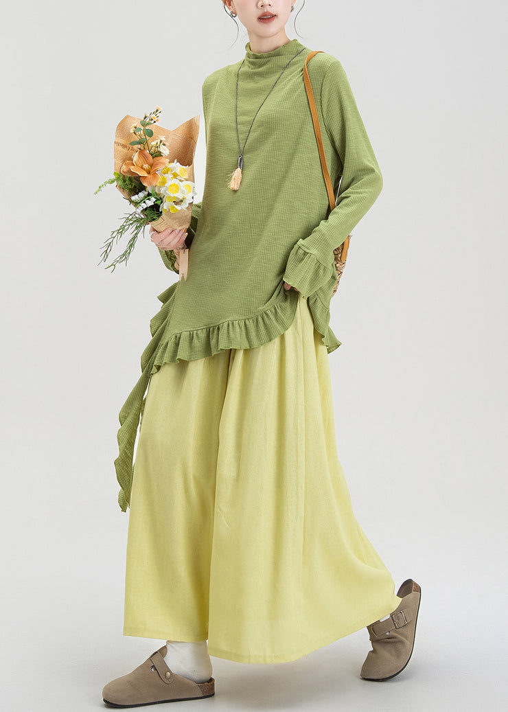 Fashion Green Ruffled Asymmetrical Cotton Two Piece Set Fall