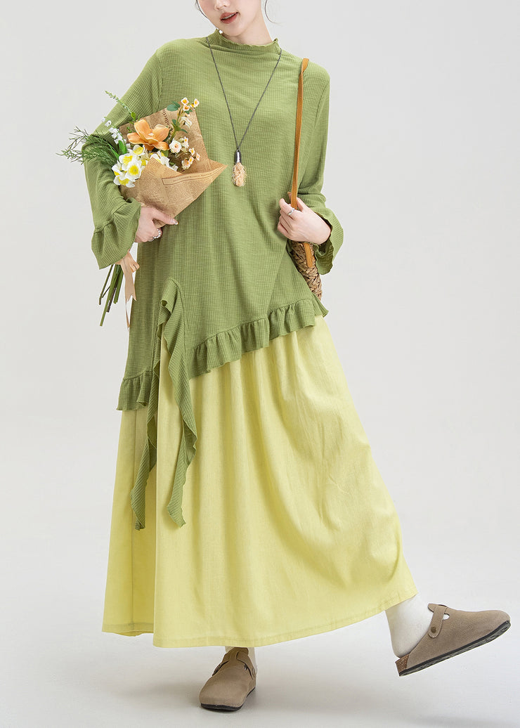 Fashion Green Ruffled Asymmetrical Cotton Two Piece Set Fall