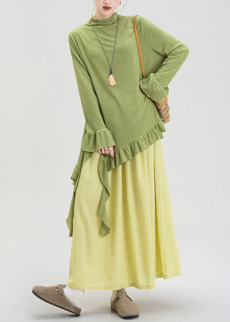 Fashion Green Ruffled Asymmetrical Cotton Two Piece Set Fall