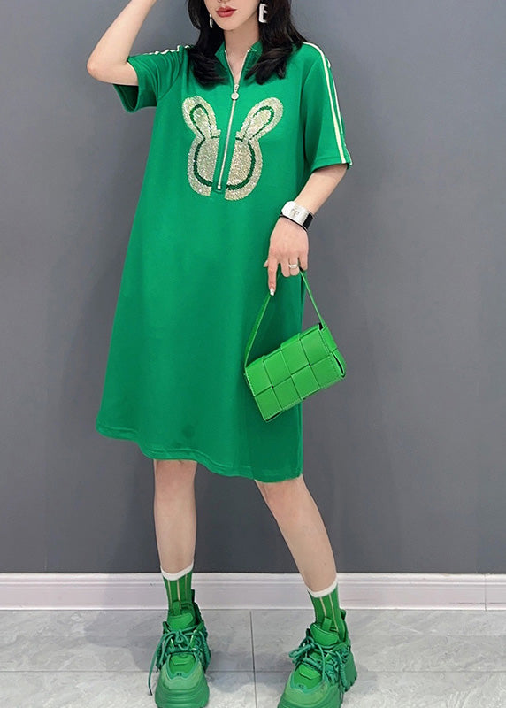 Fashion Green Stand Collar Mid Dress Summer