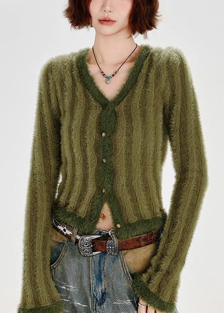 Fashion Green V Neck Striped Fuzzy Fur Fluffy Knit Cardigans Winter
