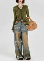 Fashion Green V Neck Striped Fuzzy Fur Fluffy Knit Cardigans Winter