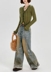 Fashion Green V Neck Striped Fuzzy Fur Fluffy Knit Cardigans Winter