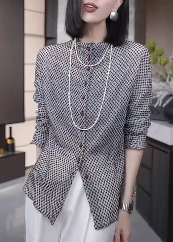 Fashion Grey Button Dot Print Cotton Top Fall
