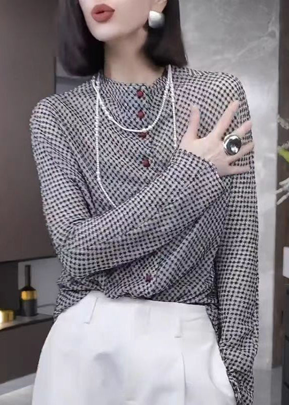 Fashion Grey Button Dot Print Cotton Top Fall