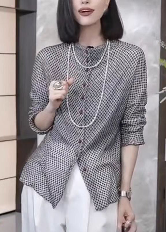 Fashion Grey Button Dot Print Cotton Top Fall