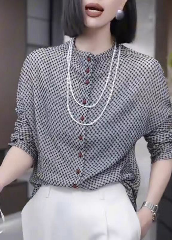 Fashion Grey Button Dot Print Cotton Top Fall