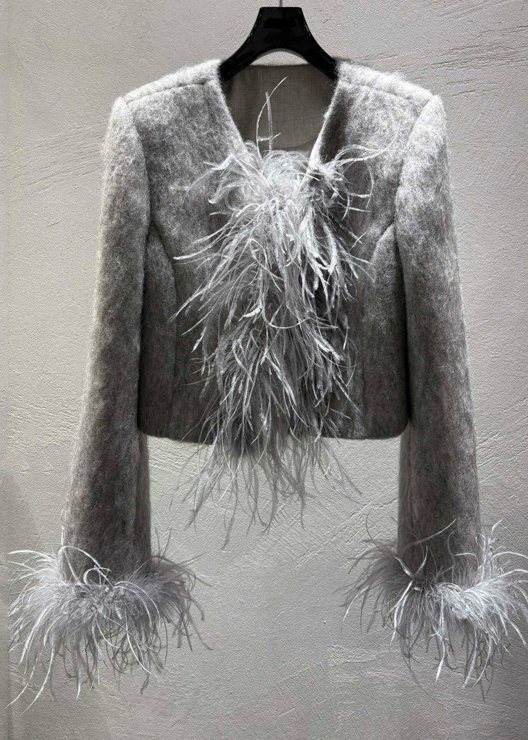 Fashion Grey Feather Patchwork Wool Coats Winter