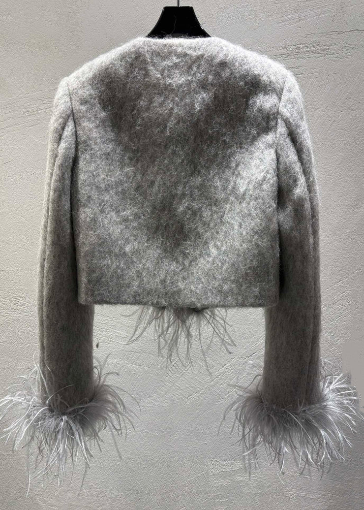 Fashion Grey Feather Patchwork Wool Coats Winter