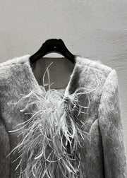 Fashion Grey Feather Patchwork Wool Coats Winter