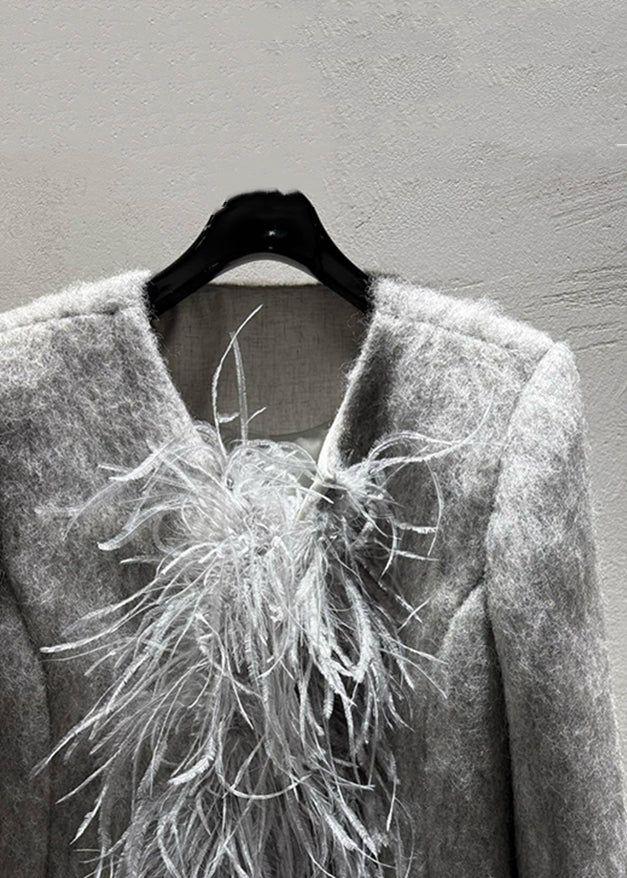 Fashion Grey Feather Patchwork Wool Coats Winter
