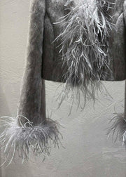 Fashion Grey Feather Patchwork Wool Coats Winter