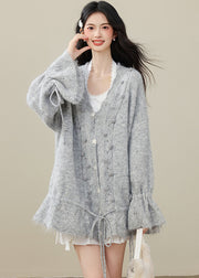 Fashion Grey Fuzzy Ball Decorated Drawstring Knit Cardigan Spring