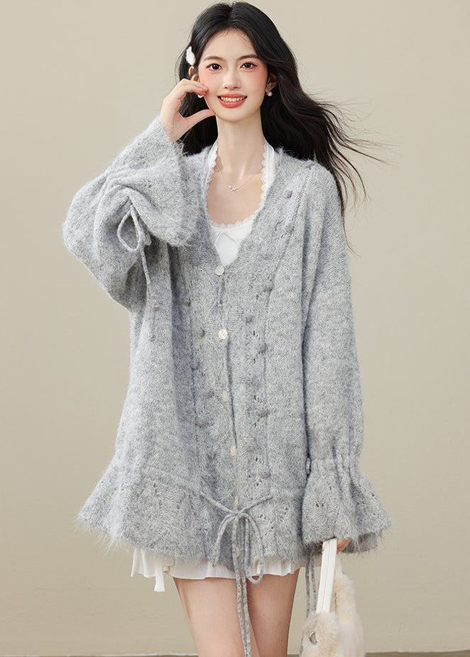 Fashion Grey Fuzzy Ball Decorated Drawstring Knit Cardigan Spring