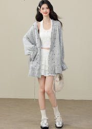 Fashion Grey Fuzzy Ball Decorated Drawstring Knit Cardigan Spring