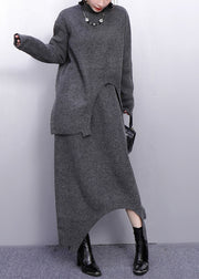 Fashion Grey High Neck Side Open Knit Two Pieces Set Winter
