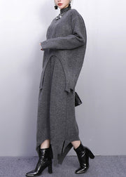 Fashion Grey High Neck Side Open Knit Two Pieces Set Winter