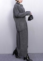 Fashion Grey High Neck Side Open Knit Two Pieces Set Winter