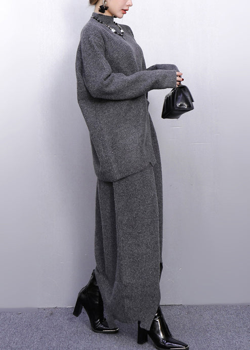 Fashion Grey High Neck Side Open Knit Two Pieces Set Winter