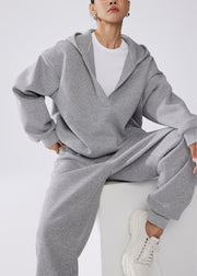 Fashion Grey Hooded Cotton Pullover Sweatshirt Two Pieces Set Fall