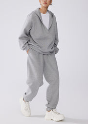 Fashion Grey Hooded Cotton Pullover Sweatshirt Two Pieces Set Fall