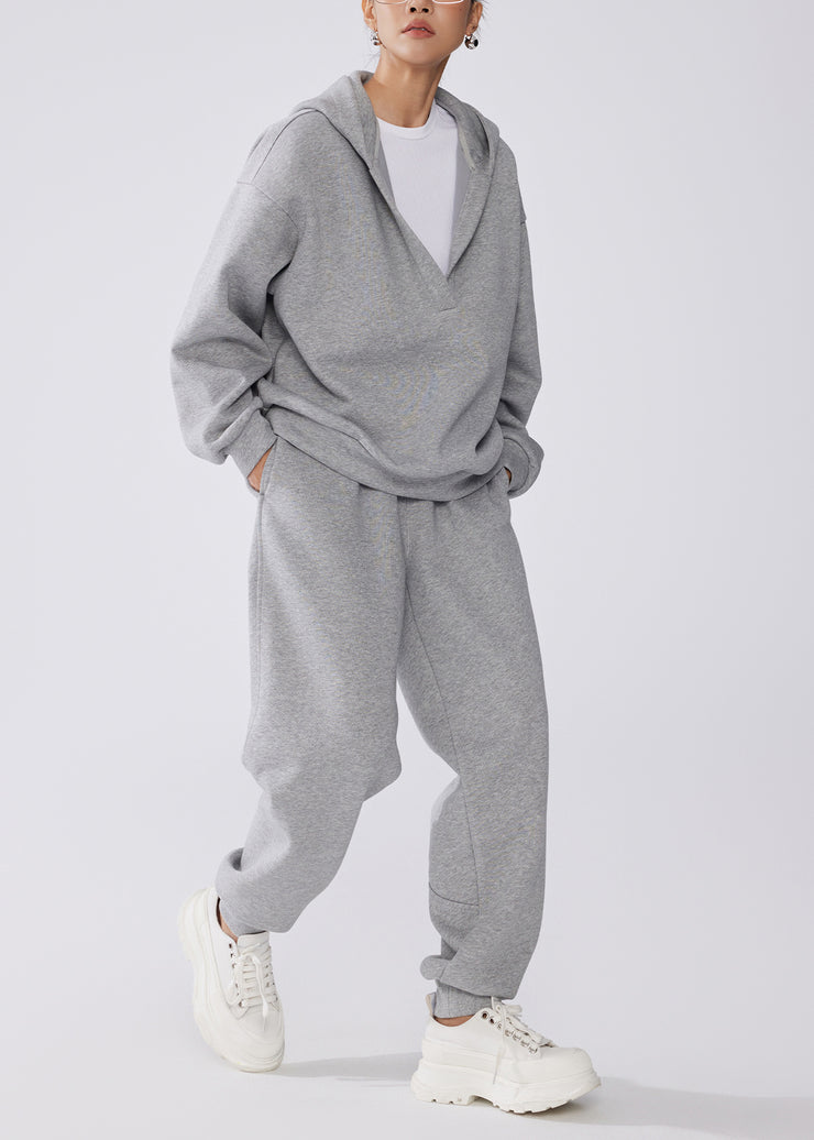 Fashion Grey Hooded Cotton Pullover Sweatshirt Two Pieces Set Fall
