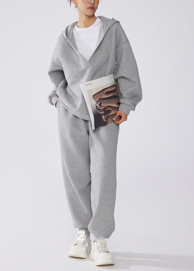 Fashion Grey Hooded Cotton Pullover Sweatshirt Two Pieces Set Fall