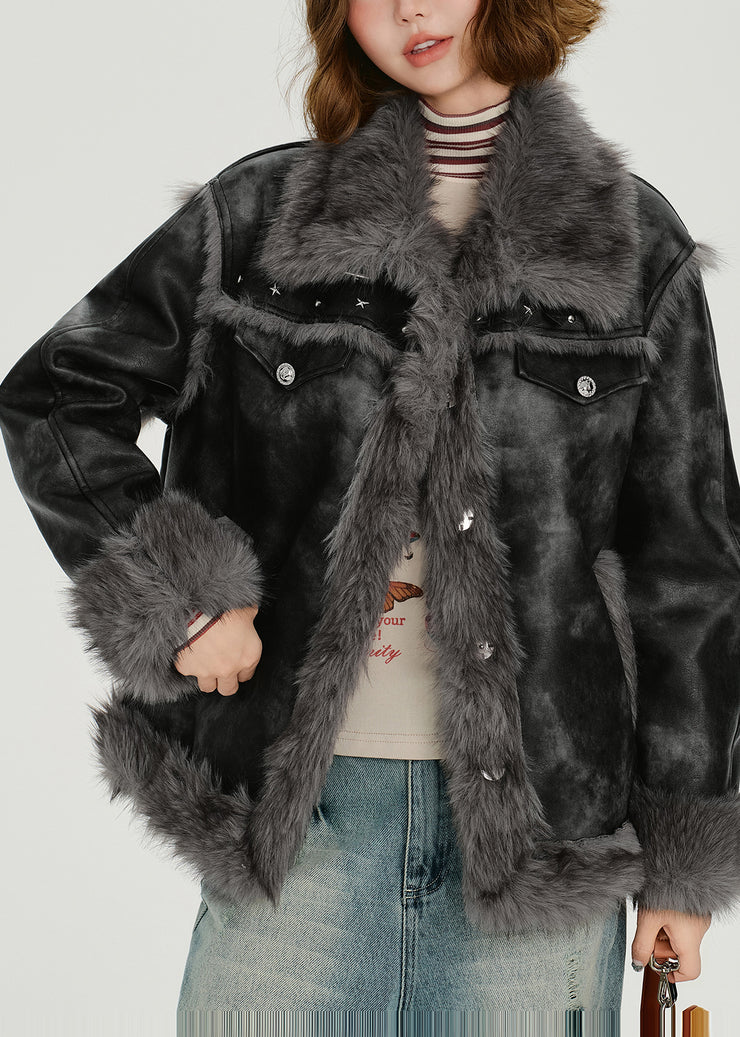 Fashion Grey Oversized Tie Dye Faux Leather Jackets Winter