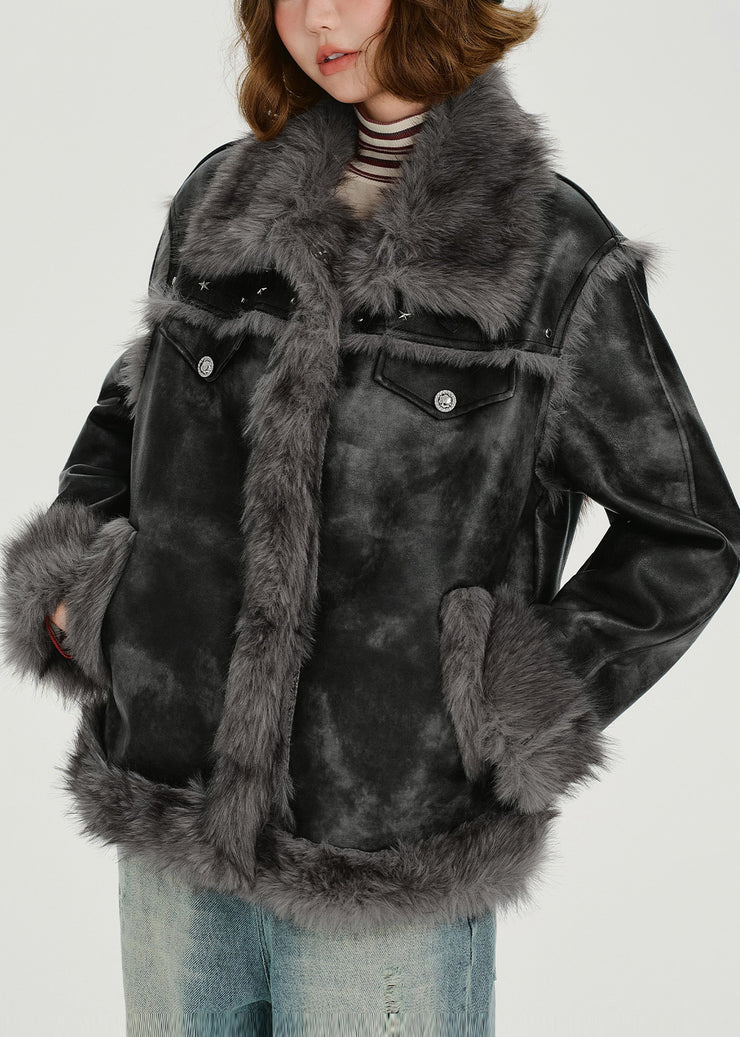 Fashion Grey Oversized Tie Dye Faux Leather Jackets Winter