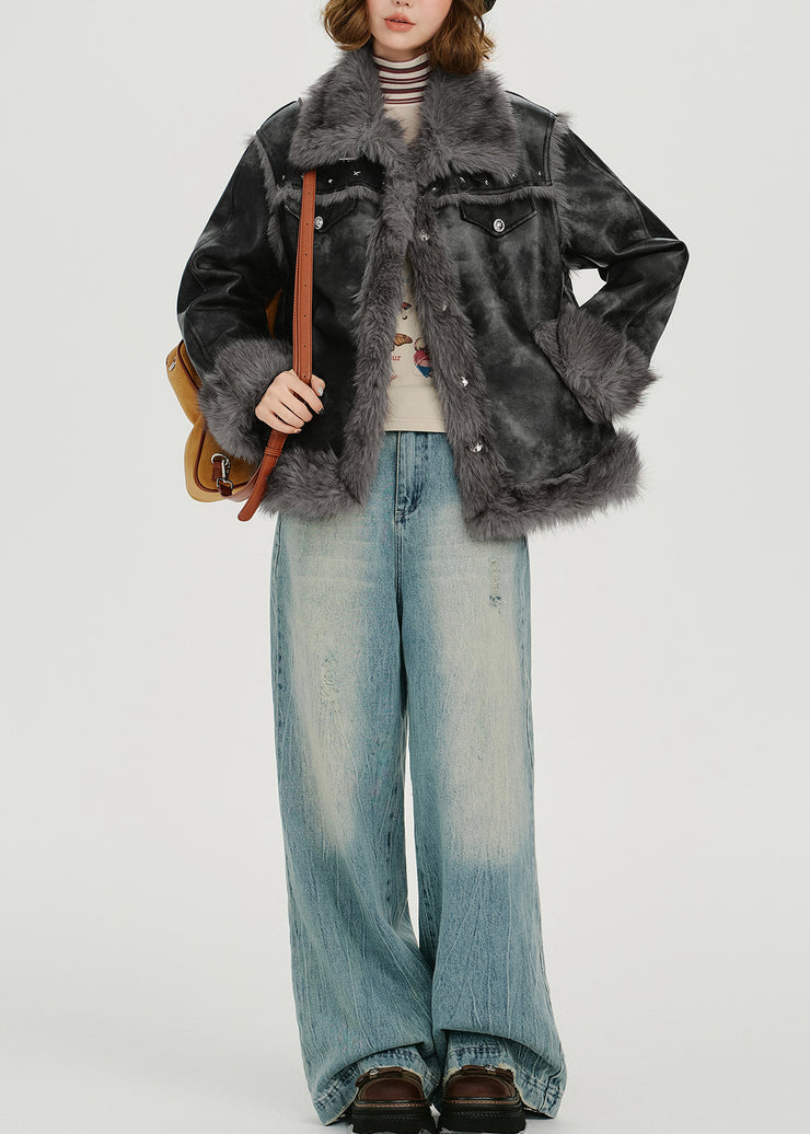 Fashion Grey Oversized Tie Dye Faux Leather Jackets Winter