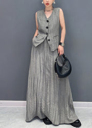 Fashion Grey Patchwork Button Top And Maxi Skirts Two Piece Set Summer