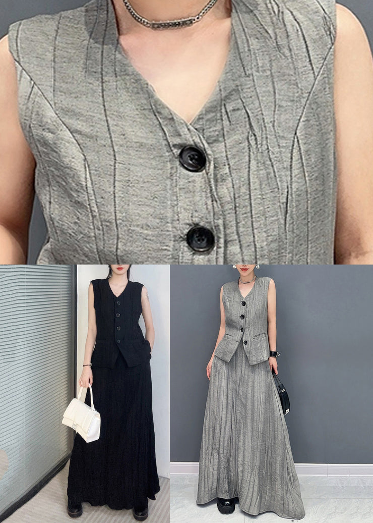 Fashion Grey Patchwork Button Top And Maxi Skirts Two Piece Set Summer