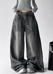 Fashion Grey Pockets Rivet Patchwork Denim Wide Leg Pants Fall