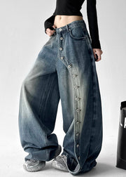 Fashion Grey Pockets Rivet Patchwork Denim Wide Leg Pants Fall