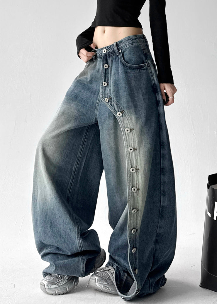 Fashion Grey Pockets Rivet Patchwork Denim Wide Leg Pants Fall