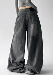 Fashion Grey Pockets Rivet Patchwork Denim Wide Leg Pants Fall