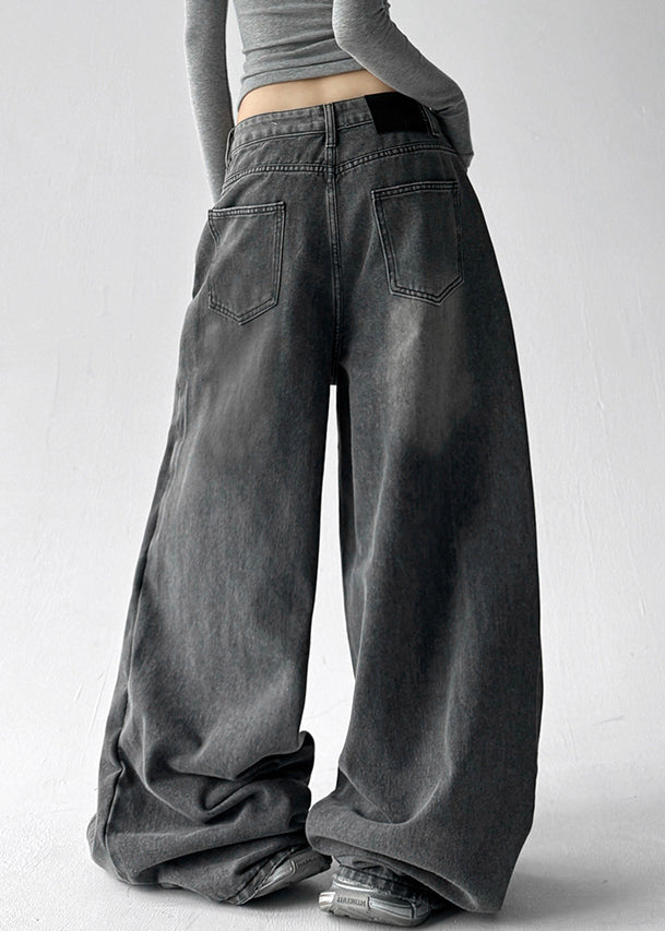 Fashion Grey Pockets Rivet Patchwork Denim Wide Leg Pants Fall