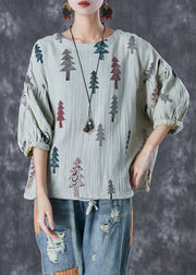 Fashion Grey Print Drawstring Cotton Top Lantern Sleeve