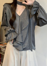 Fashion Grey Ruffles Oversized Chiffon Shirts Fall
