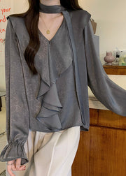 Fashion Grey Ruffles Oversized Chiffon Shirts Fall