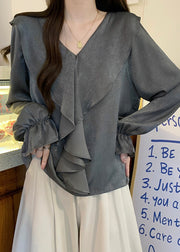 Fashion Grey Ruffles Oversized Chiffon Shirts Fall
