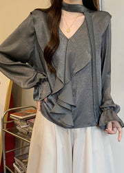 Fashion Grey Ruffles Oversized Chiffon Shirts Fall