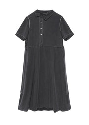 Fashion Grey Stand Collar Lace Up Patchwork Denim Dress Summer