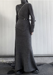 Fashion Grey Turtle Neck Asymmetrical Design Knit Two Pieces Set Winter